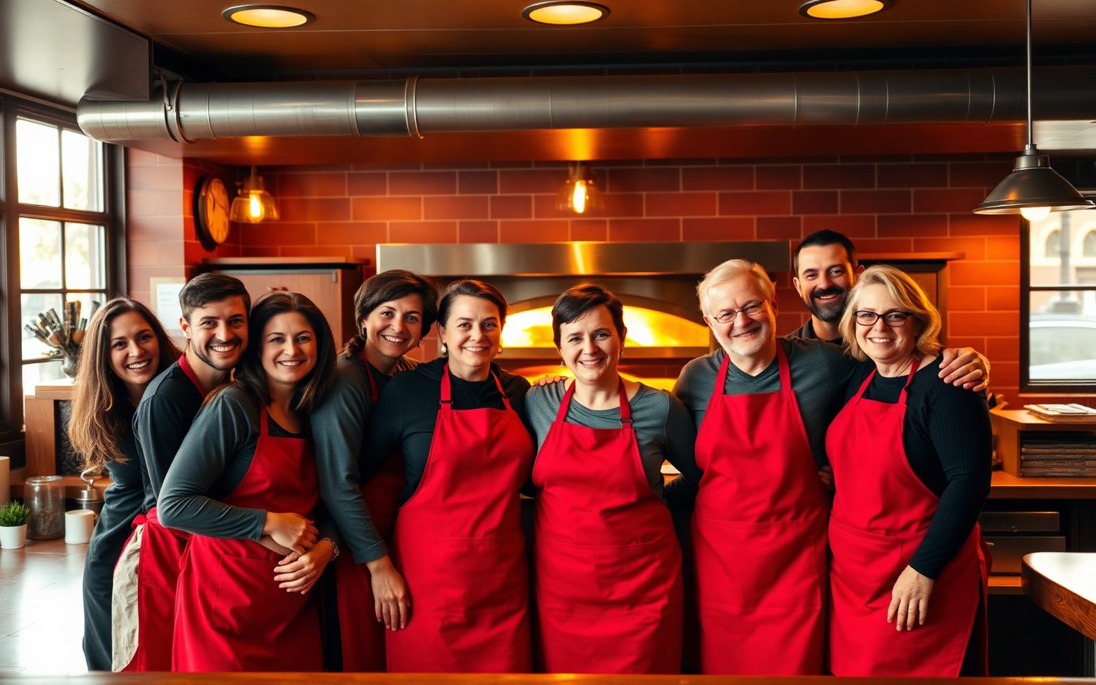 Equipe da Pizzaria Chef Down reunida na cozinha